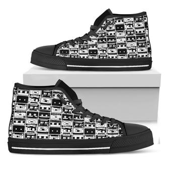 Black And White Cassette Tape Print Black High Top Shoes - Monsterry