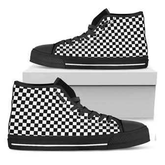 Black And White Checkered Black High Top Shoes - Monsterry