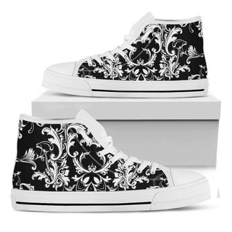 Black And White Damask Pattern Print White High Top Shoes - Monsterry CA