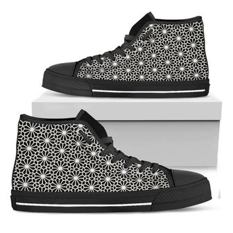 Black And White Geometric Floral Print Black High Top Shoes - Monsterry