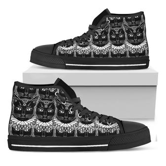 Black And White Gothic Wiccan Cat Print Black High Top Shoes - Monsterry AU