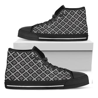 Black And White Knitted Pattern Print Black High Top Shoes - Monsterry