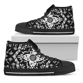 Black And White Lotus Mandala Print Black High Top Shoes - Monsterry AU