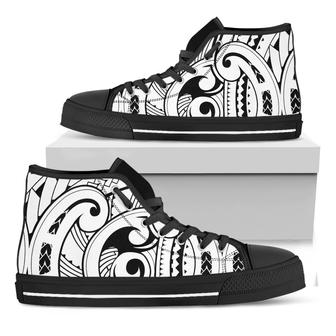 Black And White Maori Pattern Print Black High Top Shoes - Monsterry UK