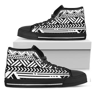 Black And White Polynesian Pattern Print Black High Top Shoes - Monsterry