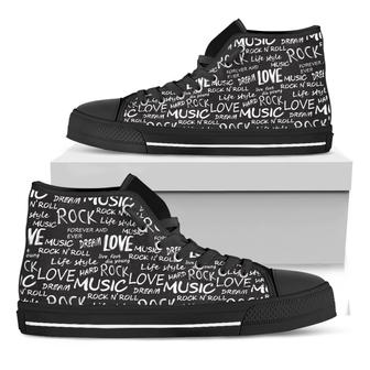 Black And White Rock And Roll Print Black High Top Shoes - Monsterry AU