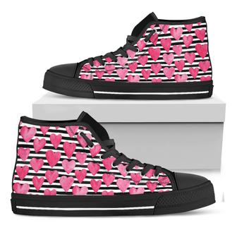 Black And White Striped Heart Print Black High Top Shoes - Monsterry UK