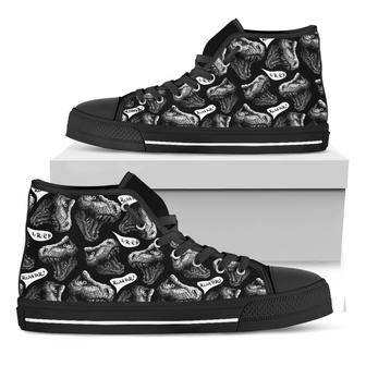 Black And White T-Rex Dinosaur Print Black High Top Shoes - Monsterry UK