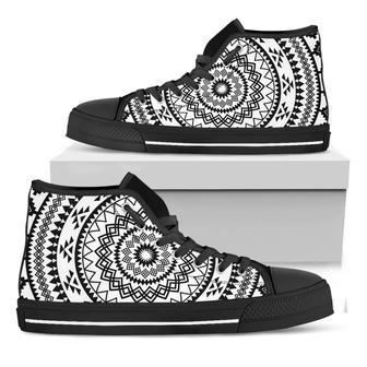 Black And White Tribal Mandala Print Black High Top Shoes - Monsterry