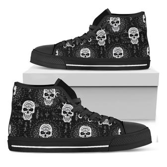 Black And White Wicca Evil Skull Print Black High Top Shoes - Monsterry DE