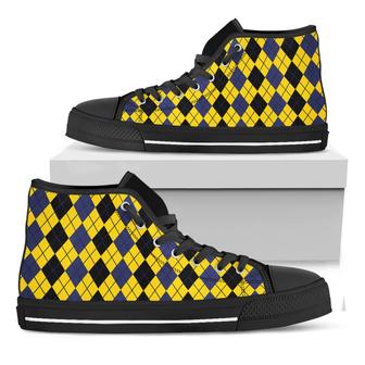 Black Blue And Yellow Argyle Print Black High Top Shoes - Monsterry UK