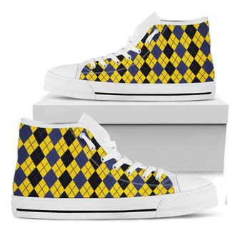 Black Blue And Yellow Argyle Print White High Top Shoes - Monsterry DE