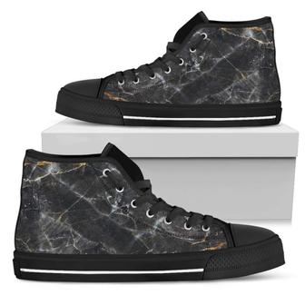 Black Grey Marble Print Men's High Top Shoes - Monsterry