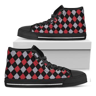 Black Red And Grey Argyle Black High Top Shoes - Monsterry