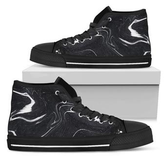 Black White Liquid Marble Print Men's High Top Shoes - Monsterry AU