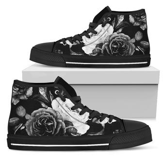 Black White Rose Floral Women's High Top Shoes - Monsterry
