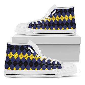 Black Yellow And Blue Argyle Print White High Top Shoes - Monsterry DE