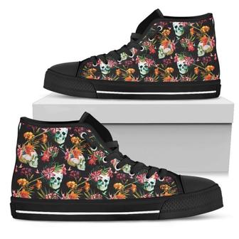 Blossom Flowers Skull Pattern Print Women's High Top Shoes - Monsterry