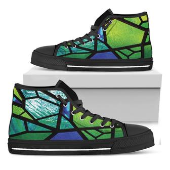 Blue And Green Stained Glass Print Black High Top Shoes - Monsterry