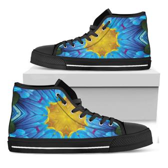 Blue And Pink Flowers Kaleidoscope Print Black High Top Shoes - Monsterry