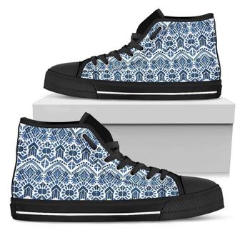Blue And White Aztec Pattern Print Men's High Top Shoes - Monsterry AU