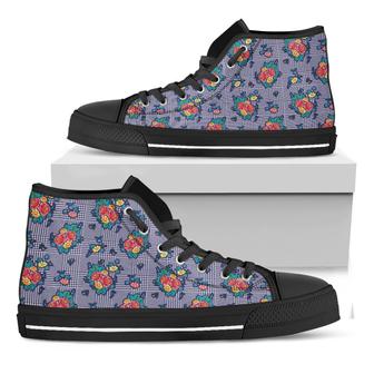 Blue And White Floral Glen Plaid Print Black High Top Shoes - Monsterry CA