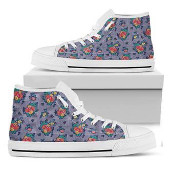 Blue And White Floral Glen Plaid Print White High Top Shoes - Monsterry