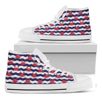 Blue And White Wave Crab White High Top Shoes - Monsterry DE