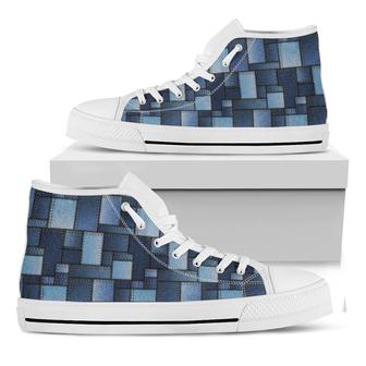 Blue Denim Patchwork Pattern Print White High Top Shoes - Monsterry