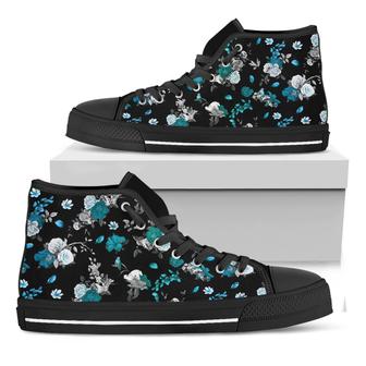 Blue Peony And Grey Rose Floral Print Black High Top Shoes - Monsterry DE