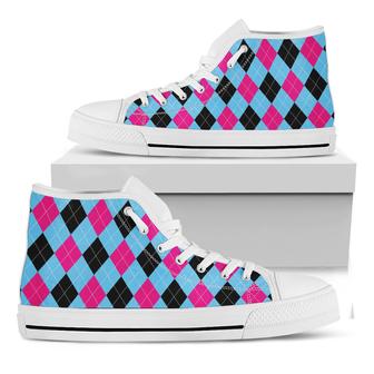 Blue Pink And Black Argyle White High Top Shoes - Monsterry DE
