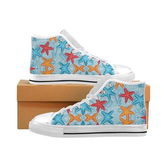 Blue red orange starfish pattern Men's High Top Shoes White - Monsterry UK