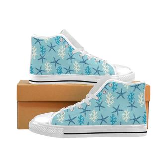 Blue starfish coral reef pattern Men's High Top Shoes White - Monsterry AU