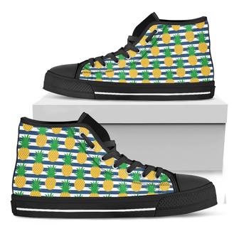 Blue Striped Pineapple Pattern Print Black High Top Shoes - Monsterry CA