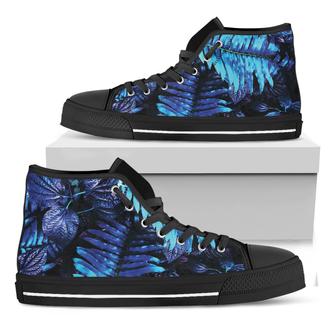 Blue Tropical Leaves Print Black High Top Shoes - Monsterry