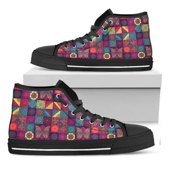 Bohemian Patchwork Pattern Print Black High Top Shoes - Monsterry