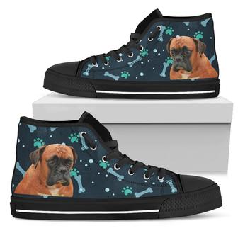 Bone Heart Pattern Boxer Dog Navy High Top Shoes - Monsterry CA