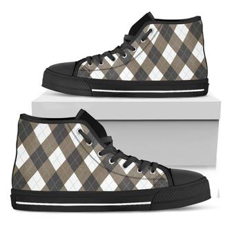 Brown And White Argyle Pattern Print Black High Top Shoes - Monsterry DE