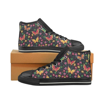 Butterfly Flower Pattern Women's High Top Shoes Black - Monsterry