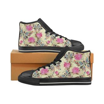 Butterfly Pink Rose Pattern Women's High Top Shoes Black - Monsterry AU