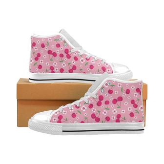 cherry flower pattern pink background Men's High Top Shoes White - Monsterry DE