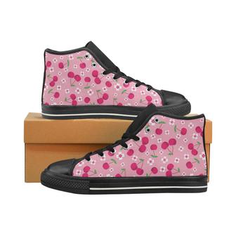 cherry flower pattern pink background Women's High Top Shoes Black - Monsterry CA