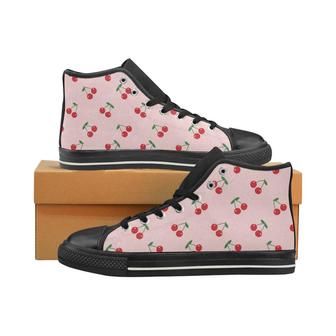 cherry pattern pink background Women's High Top Shoes Black - Monsterry