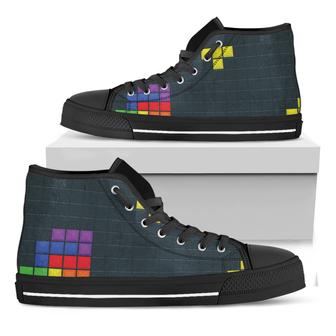 Colorful Block Puzzle Video Game Print Black High Top Shoes - Monsterry