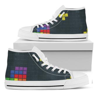Colorful Block Puzzle Video Game Print White High Top Shoes - Monsterry CA
