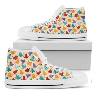 Colorful Origami Crane Pattern Print White High Top Shoes - Monsterry