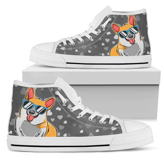 Corgi Print Women'S Canvas High Top Shoes White Soles - Monsterry