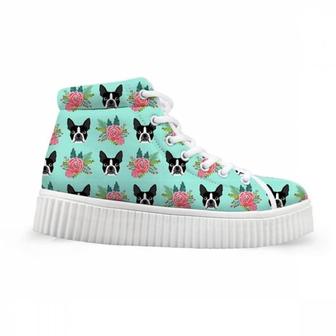 Cute Boston Terrier Floral Printed High Top Shoes - Monsterry