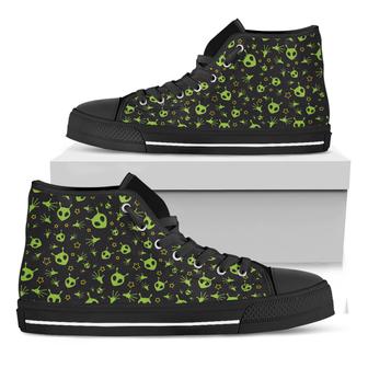 Cute Green Alien Pattern Print Black High Top Shoes - Monsterry