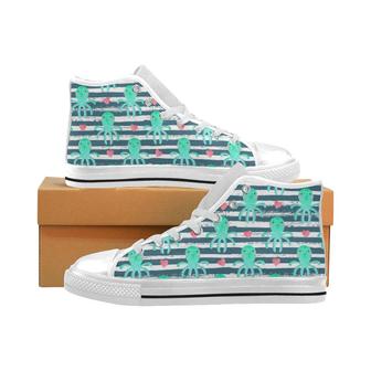Cute octopuses heart striped background Men's High Top Shoes White - Monsterry